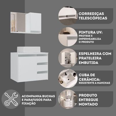 Conjunto Gabinete Banheiro Prisma 60cm - Gabinete + Cuba + Espelheira Branco Inteiro