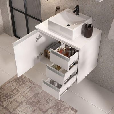Conjunto Gabinete Banheiro Prisma 60cm - Gabinete + Cuba + Espelheira Branco Inteiro