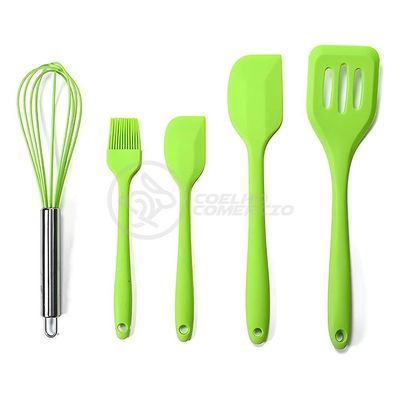 Kit 5 Utensílios Jogo De Cozinha De Silicone Com Espatulas Pincel E Batedor Manual - Verde