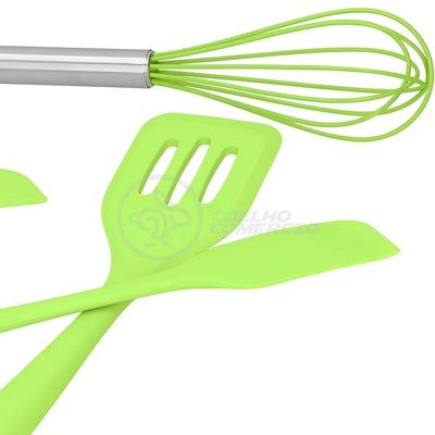Kit 5 Utensílios Jogo De Cozinha De Silicone Com Espatulas Pincel E Batedor Manual - Verde