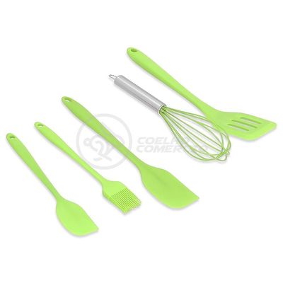 Kit 5 Utensílios Jogo De Cozinha De Silicone Com Espatulas Pincel E Batedor Manual - Verde