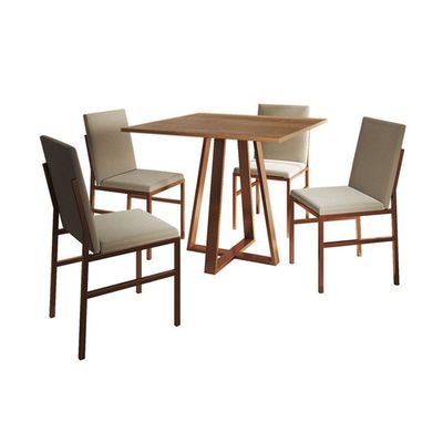 Conjunto De Jantar Mesa Mônaco 90cm Tampo Imbuia Com 4 Cadeiras Bege Base Cobre Preto