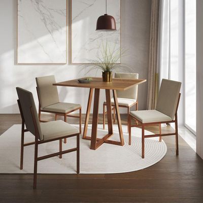 Conjunto De Jantar Mesa Mônaco 90cm Tampo Imbuia Com 4 Cadeiras Bege Base Cobre Preto