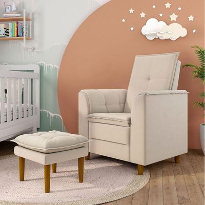 Poltrona Decorativa Amamentação Reforçada E Puff Luly Linho bege