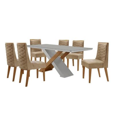 Mesa Sala De Jantar Carol 180cm E 6 Cadeiras Safira Moderna Turim / Off White / Imbuia
