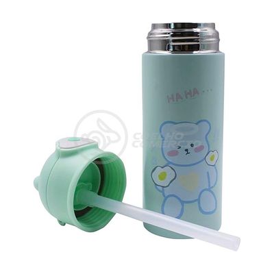 Garrafa Térmica De Ursinho Verde Infantil 420ml Com Trava De Tampa E Canudo De Silicone