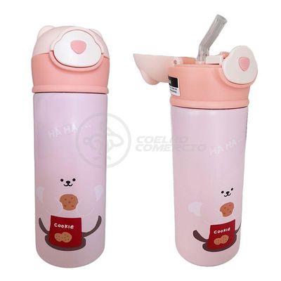 Garrafa Infantil Térmica 420ml De Ursinho Rosa Ideal Para Bebidas Quentes E Frias Até 12h