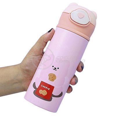 Garrafa Infantil Térmica 420ml De Ursinho Rosa Ideal Para Bebidas Quentes E Frias Até 12h