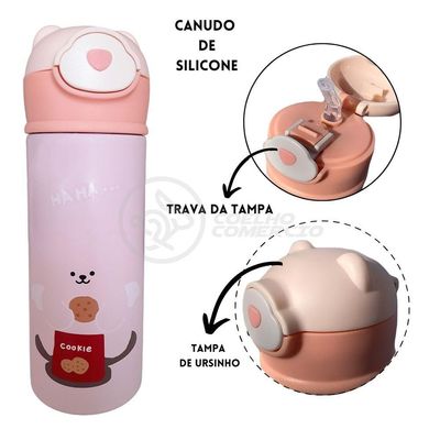 Garrafa Térmica De Ursinho Rosa Infantil 420ml Com Trava De Tampa E Canudo De Silicone