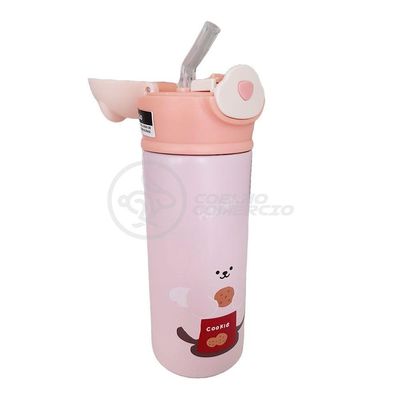 Garrafa Térmica De Ursinho Rosa Infantil 420ml Com Trava De Tampa E Canudo De Silicone