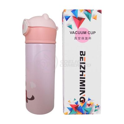 Garrafa Térmica De Ursinho Rosa Infantil 420ml Com Trava De Tampa E Canudo De Silicone