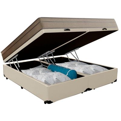Cama Box Baú Casal Bipartido Sintético + Colchão De Molas Ensacadas Portobel Ipanema 138x188x66cm Bege