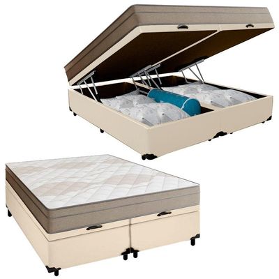 Cama Box Baú Casal Bipartido Sintético + Colchão De Molas Ensacadas Portobel Ipanema 138x188x66cm Bege