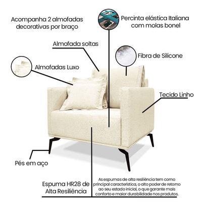 Kit 2 Poltronas Decorativa Livorno Linho Com Pés Em Aço SSX Multicoisas Perola