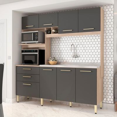 Armário Cozinha Compacta 8 Portas 2 Gaveta Espaço Duplo Forno Hera Avena Grafito Avena