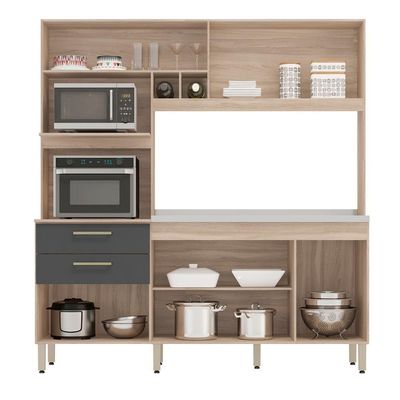 Armário Cozinha Compacta 8 Portas 2 Gaveta Espaço Duplo Forno Hera Avena Grafito Avena