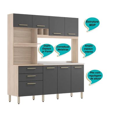 Armário Cozinha Compacta 8 Portas 2 Gaveta Espaço Duplo Forno Hera Avena Grafito Avena