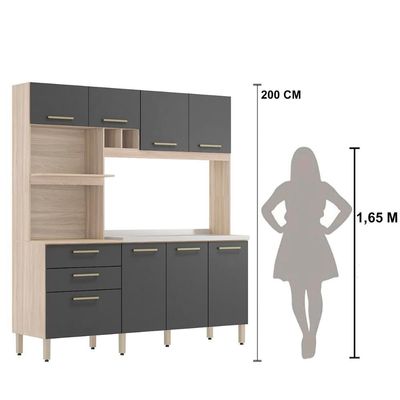 Armário Cozinha Compacta 8 Portas 2 Gaveta Espaço Duplo Forno Hera Avena Grafito Avena