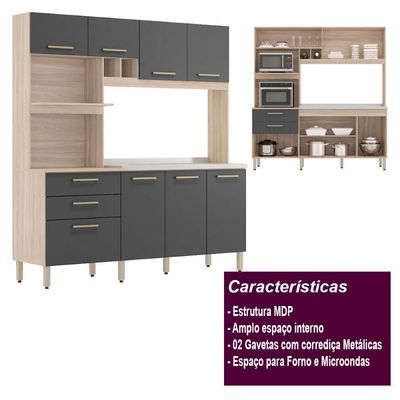Armário Cozinha Compacta 8 Portas 2 Gaveta Espaço Duplo Forno Hera Avena Grafito Avena