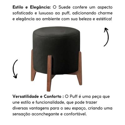 Puff Estofado Decorativo Redondo Sala De Estar Madrid Suede preto
