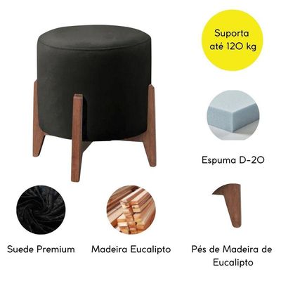 Puff Estofado Decorativo Redondo Sala De Estar Madrid Suede preto