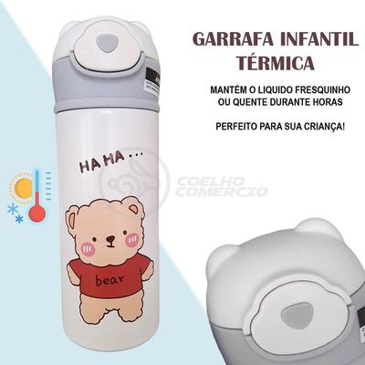 Garrafa Infantil Térmica 420ml De Ursinho Branca Ideal Para Bebidas Quentes E Frias Até 12h