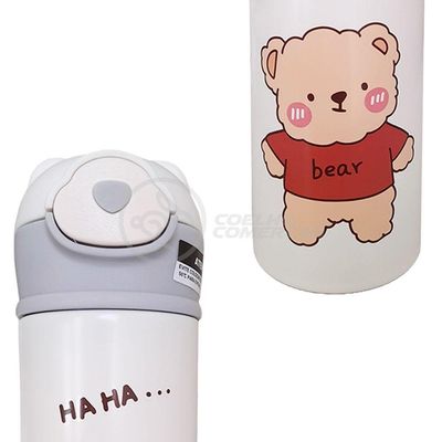 Garrafa Infantil Térmica 420ml De Ursinho Branca Ideal Para Bebidas Quentes E Frias Até 12h