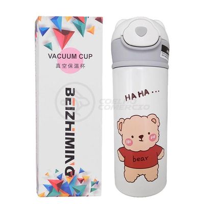Garrafa Infantil Térmica 420ml De Ursinho Branca Ideal Para Bebidas Quentes E Frias Até 12h