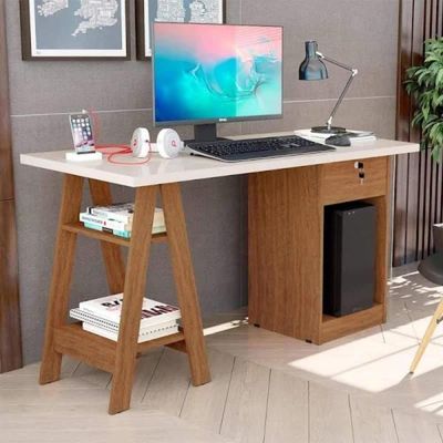 Mesa De Computador Pote Off White E Canela