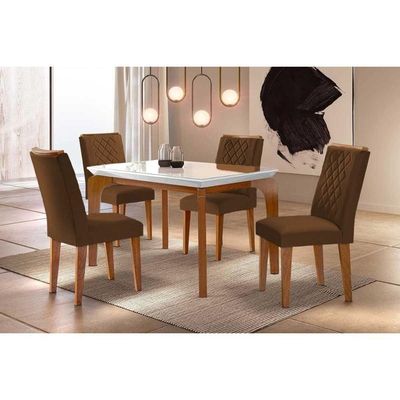 Sala De Jantar Completa Londrina C- Tampo Madeirado Vidro Canto Curvo 120x80cm E 4 Cadeiras Jade Imbuia-off White - Veludo Marrom - Rufato