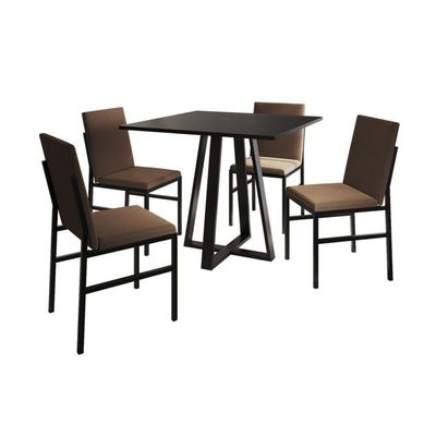 Conjunto De Jantar Mesa Mônaco 90cm Tampo Preto Com 4 Cadeiras Estofadas Marrom Preto