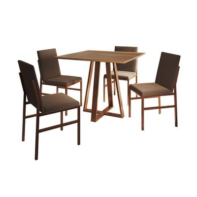 Conjunto De Jantar Mesa Mônaco 90cm Tampo Imbuia Com 4 Cadeiras Marrom Base Cobre Preto