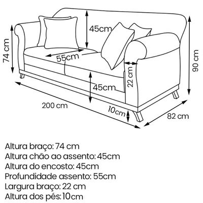 Sofa 3 Lugares Retro Polo 200cm Com Almofada Linho Perola Ezz Perola