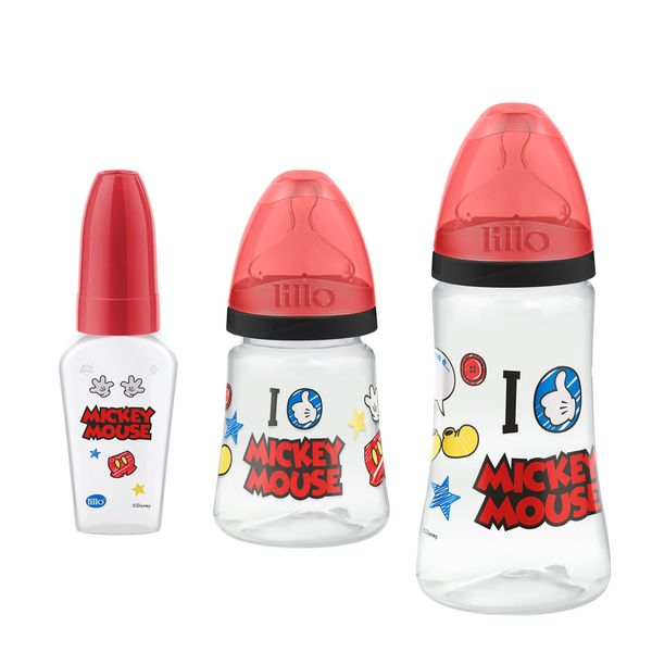 Kit com Mamadeiras Lillo Design Disney Preto com 3 Unidades de 50ml, 180ml e 300ml