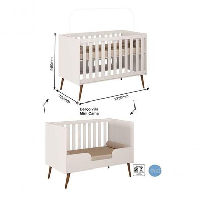 Berço Infantil Lunna 100% MDF Estilo Retrô Branco