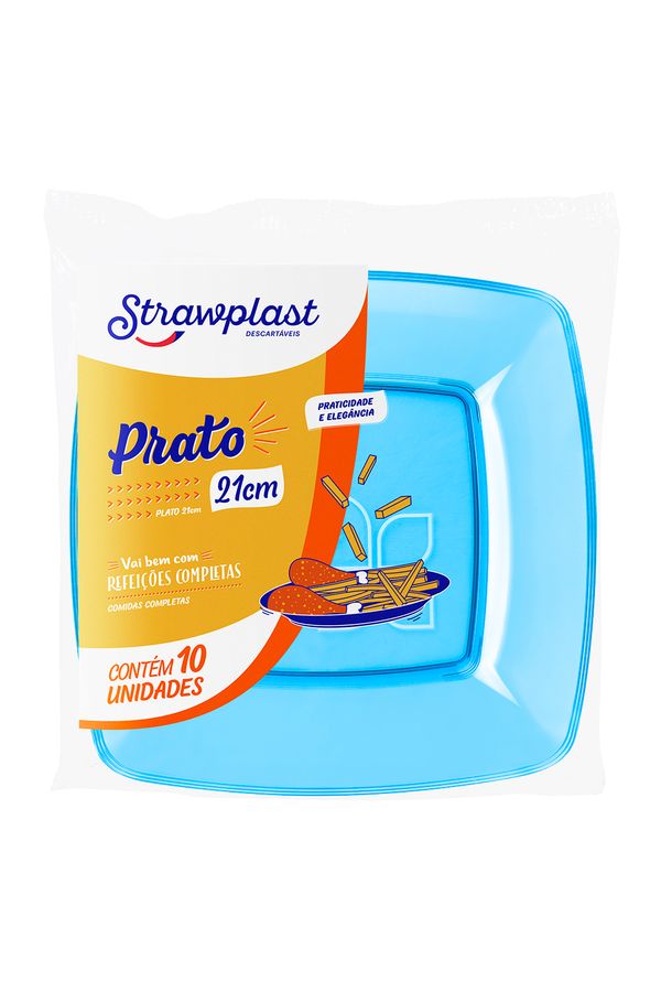 Prato Descartável Strawplast Quadrado 21cm com 10 Unidades Azul