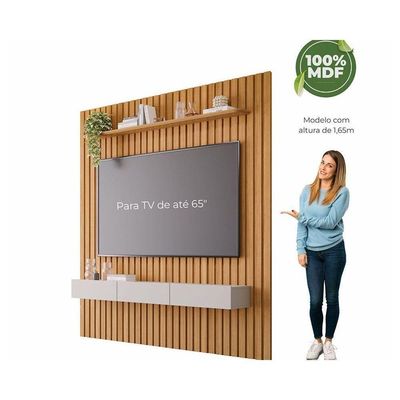 Painel Quarto P/ Tv Até 65 Pol Maragogi Ripado C/ 1 Porta E 2 Gavetas 185x220cm Cinamomo/off White - Permóbili