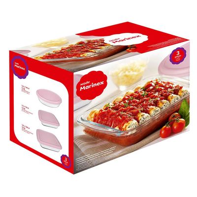 Conjunto de Assadeiras em Vidro Nadir Marinex 3 Peças com Tampa Plástica Transparente