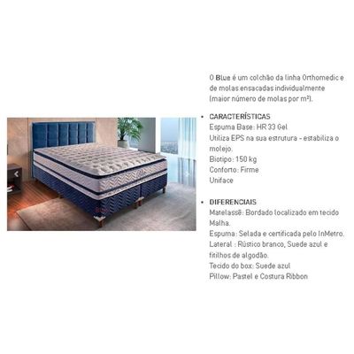 Colchão Casal Molas Visco Gel Ensacadas Masterpocket Blue Pillow Top (138x188x32) - Paropas