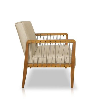 Poltrona Decorativa Haia Linho Com Base Madeira Maciça SSX Multicoisas Dourado