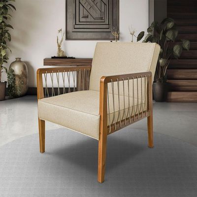 Poltrona Decorativa Haia Linho Com Base Madeira Maciça SSX Multicoisas Dourado