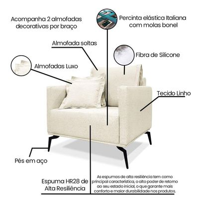 Kit 2 Poltronas Decorativa Livorno Linho Com Pés Em Aço SSX Multicoisas Natural