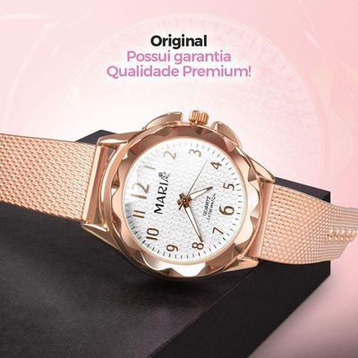 Relogio Feminino Rosê Aço Prova Dagua + Caixa + Pulseira