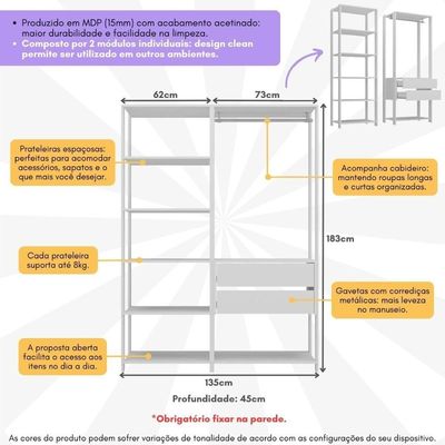 Guarda-roupas Closet Modulado 135cm 2 Peças Com 2 Gavetas E Cabideiro Multimóveis Mp4320 - Branco Branco