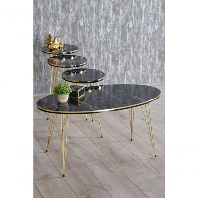 Conjunto De Mesa De Centro 4 Peças - Mármore Preto Com Dourado