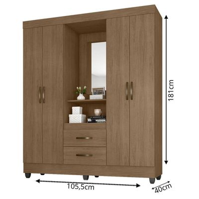 Guarda Roupa Solteiro 4 Portas Carvalho Oak Com Espelho