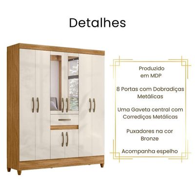 Guarda Roupa Casal Portugal Com Espelho 8 Portas Freijó Off White Moval