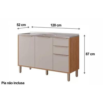 Gabinete de Cozinha Modulado Balcão Esplêndida c/ 3 Portas e 2 Gavetas s/Tampo 120cm Freijo/Off White - MGM