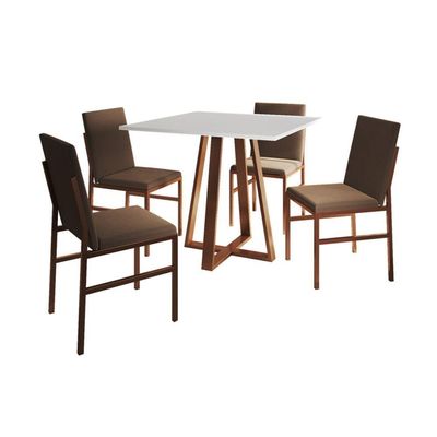 Conjunto De Jantar Mesa Mônaco 90cm Tampo Branco Com 4 Cadeiras Marrom Base Cobre Preto