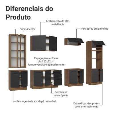 Armário De Cozinha Completa 340cm Rustic/preto Agata Madesa 01 Rustic/preto